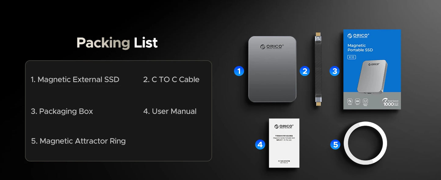 ORICO 1TB Magnetic SSD, PD100W Charging, 4K ProRes HDR, 1000MB/s USB 3.2, Portable External Drive for iPhone 16/15, Laptops