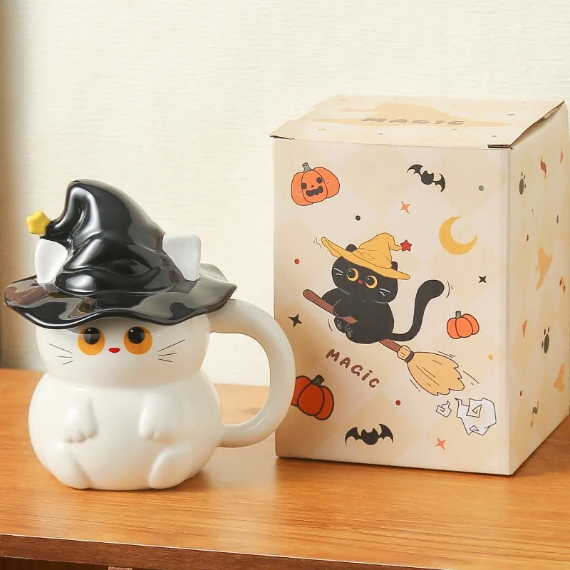 Creative Magic Hat Cat Ghost Ceramic Mugs with Lid Personalized Coffee Cups Couple Milk Cup Breakfast Mug Halloween Gifts