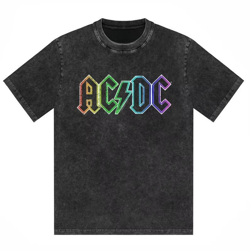 ACDC Band Printed T-shirt Washed Retro Old Short Sleeve Trendy Couple Comfortable Loose Casual Fashion New Men's Clothing 2025