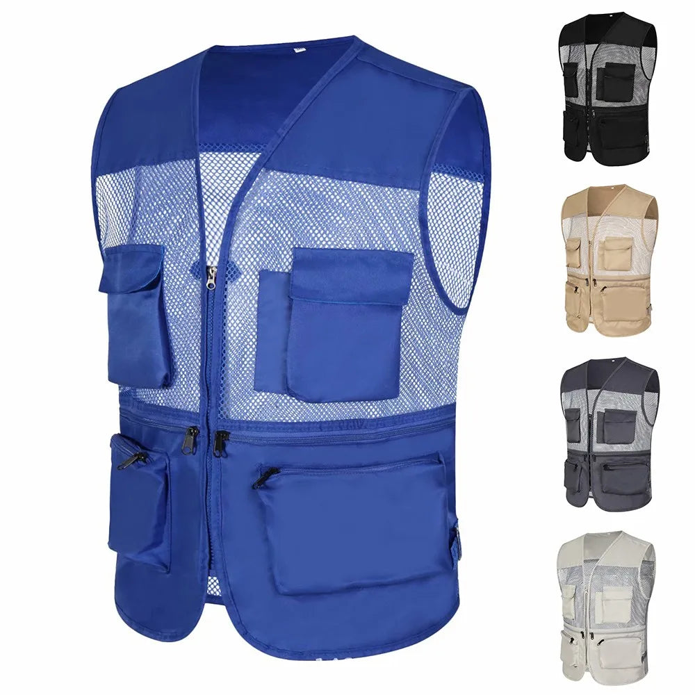 Men's Summer Mesh Fishing Vest Photography Works Multi Pocket Outdoor Journalist Vest Sleeveless Jacket
