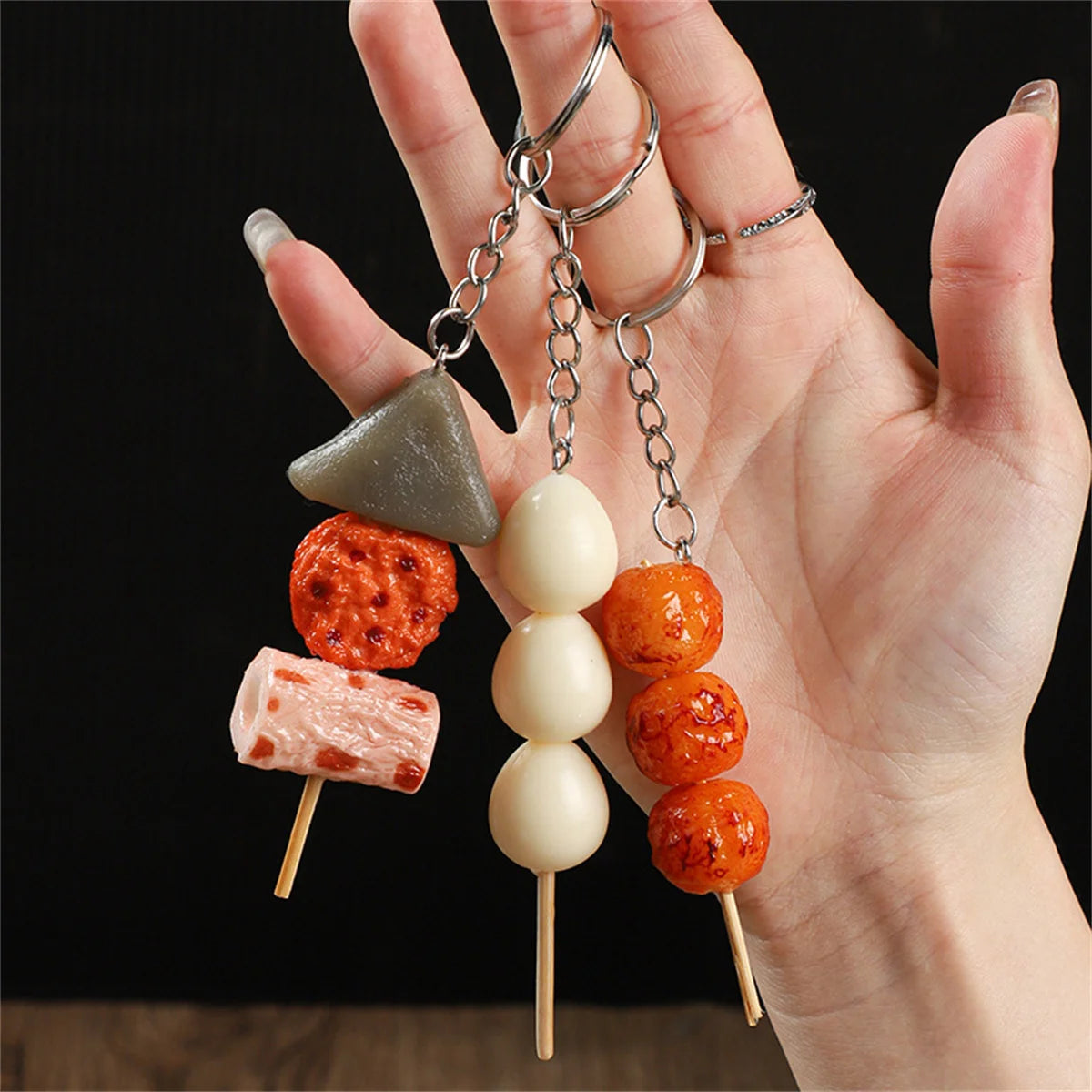 Creative PVC Simulation BBQ Skewers Food Keychain Resin Oden Squid Corn Meatball Keyring Restaurant Opening Gift Fashion Pendant