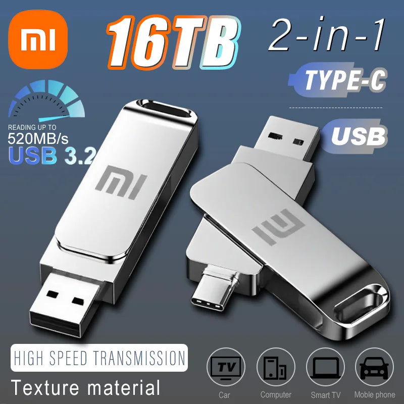 Xiaomi USB 3.2 16TB USB Flash Drive Memory Type-C 2-In-1 8TB 4TB OTG Pendrive 2TB High Speed Flash Disk 1TB For PC Laptop