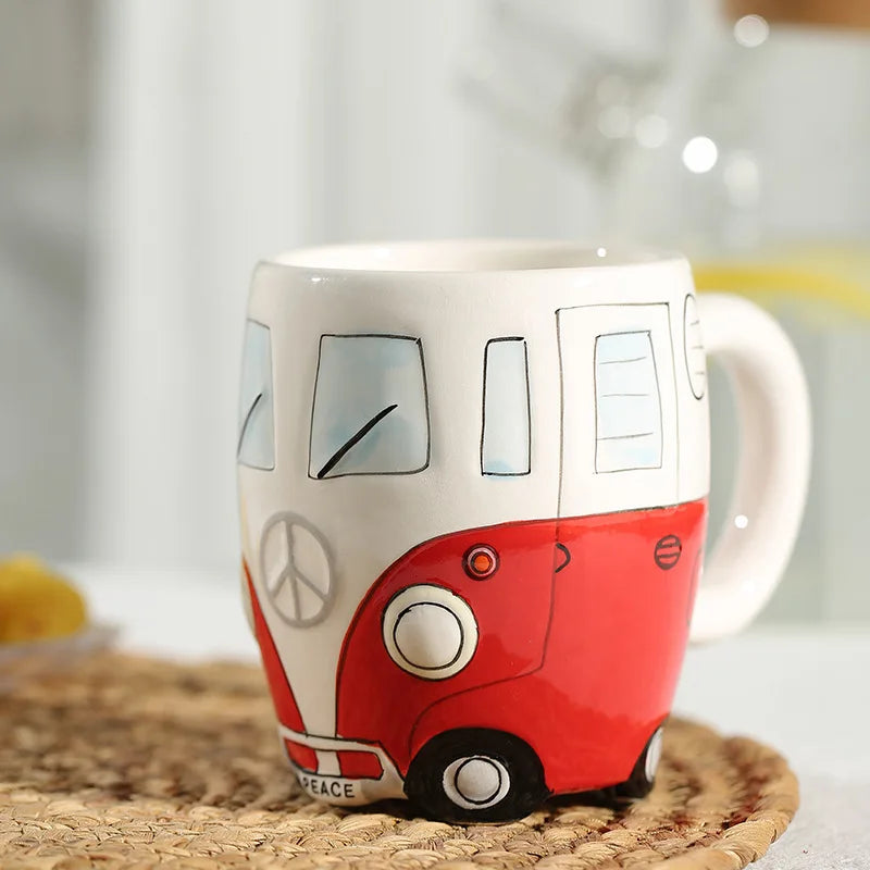 Creative Hand Painting Double Bus Mug Cartoon Ceramic Milk Tea Water Coffee Mugs Home Office School Drinkware Cup Novetly Gifts