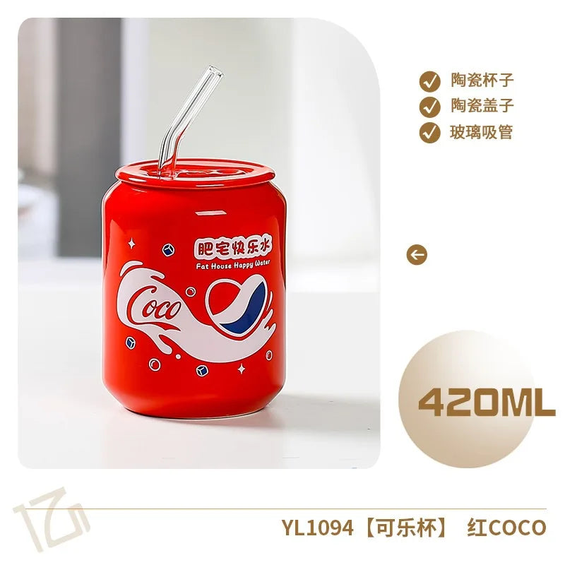 Fresh Creative Fruit Straw Cup Coke Soda Bottle Ceramic Mug with Lid Couple Souvenir Home Drinking Utensil Kitchen Appliance
