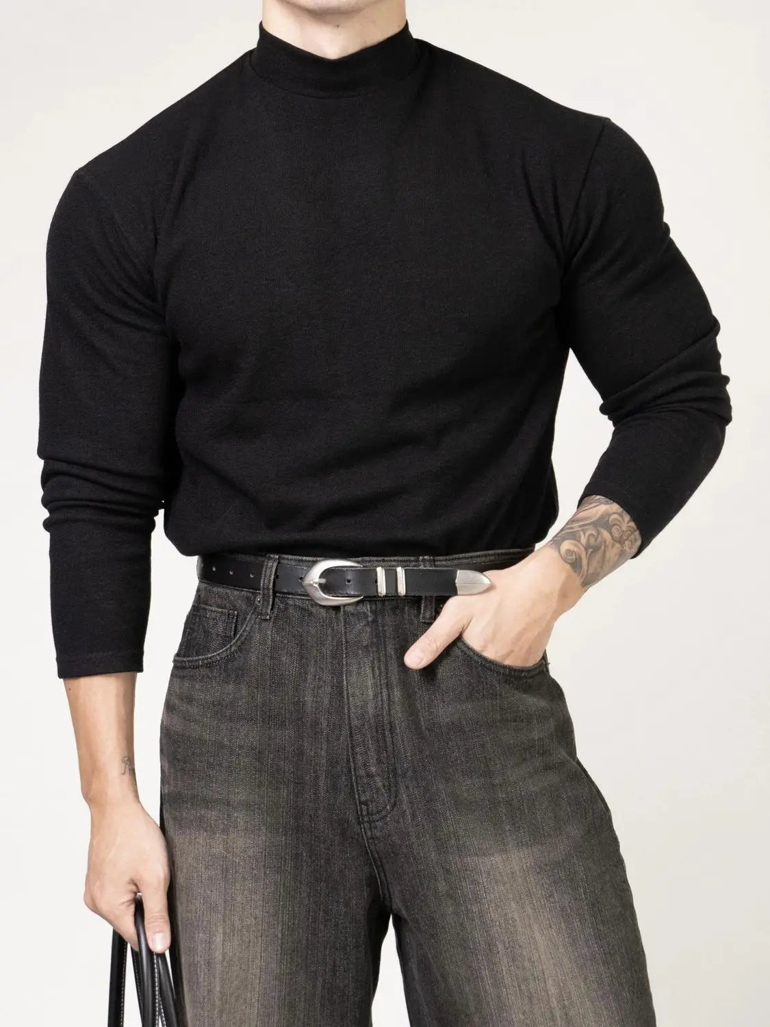 Fitness T-shirt Men's Clothes Spring Autumn Training Suit Threaded Turtleneck Slim Fit Sports Quick Dry Breathable Long Sleeves