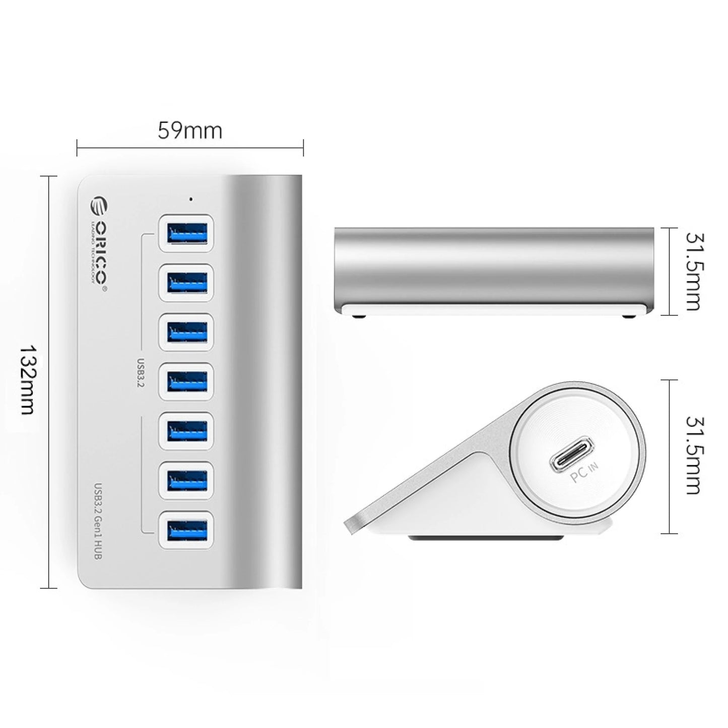 ORICO USB Hub Aluminum Alloy 7-Port USB 3.2 Gen2 10Gbps HUB USB Splitter Multiport Adapter Laptop Expansion Desktop Accessories