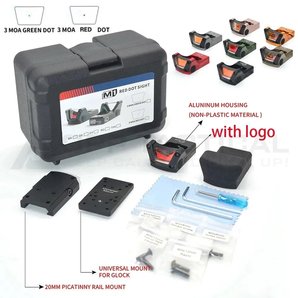 Tactial M1 Green/Red Dot Sight 3MOA with Full Original Markings Airsoft Optics with 20mm Rail and Universal Glock Mount Plate