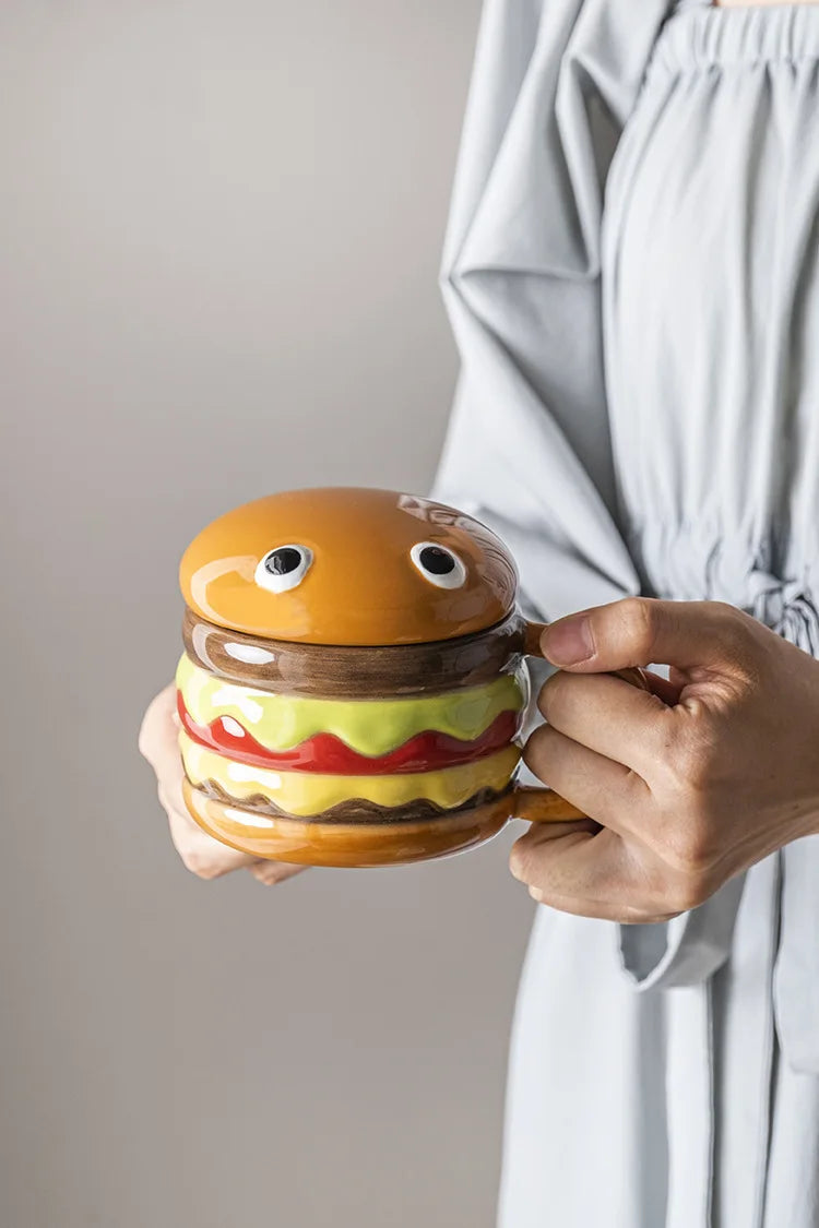 300ML Coffee Mugs Creative Hamburger Shaped Water Cup with Lid Cute and Cute Breakfast Cup Large Capacity Ceramic Hamburger Mug