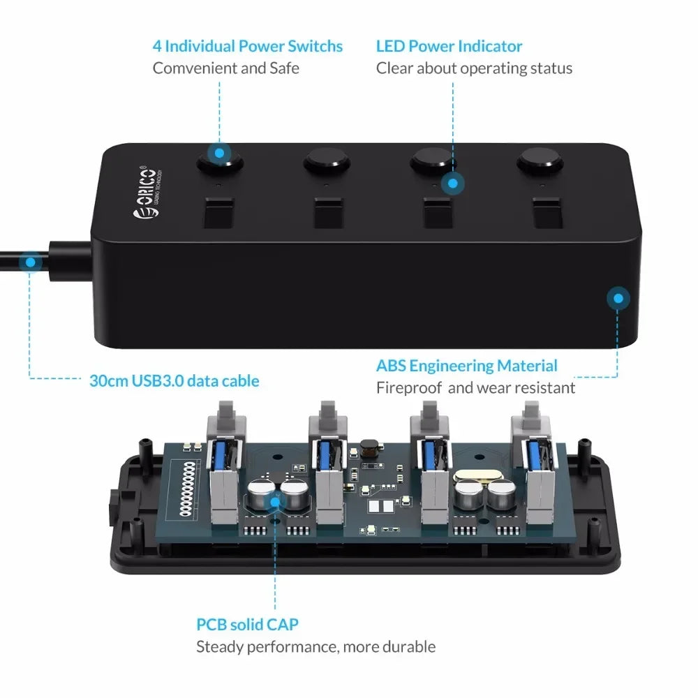 ORICO USB 3.0 Hub Splitter 4 Ports USB HUB With Individual Power Switches Multi USB Splitter OTG Adapter for Laptop Accessories