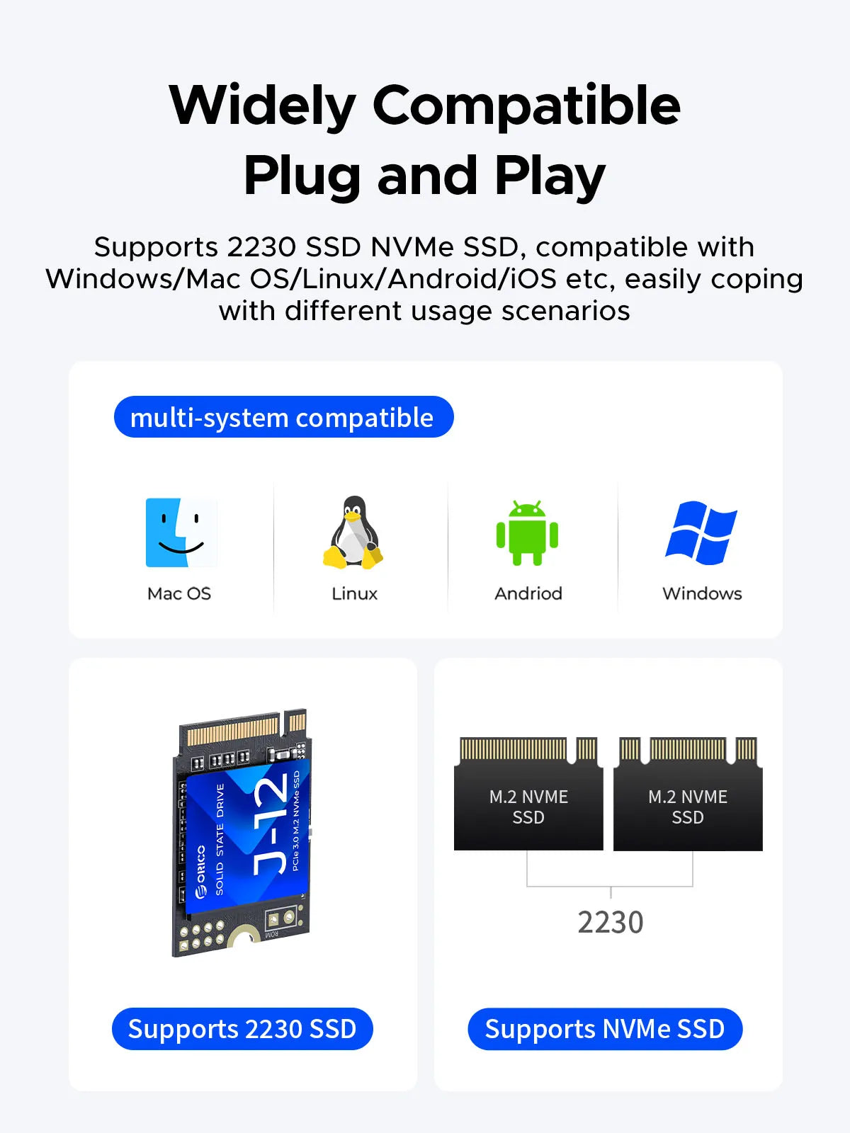 ORICO 2230 SSD Enclosure M.2 NVMe SSD Enclosure USB 3.2 Gen 2 10Gbps NVME PCI-E M-Key 2230mm External SSD Drive Enclosure