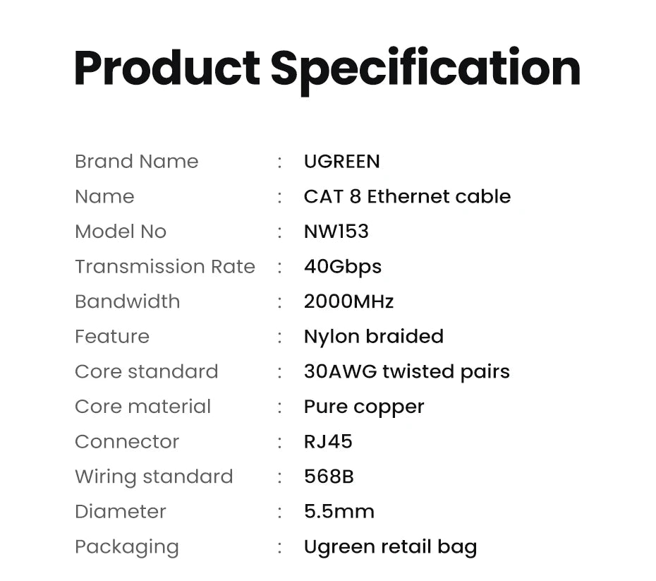 UGREEN CAT 8 Ethernet Cable High Speed Braided 40Gbps 2000Mhz Network Lan Cord RJ45 Shielded Indoor for Router PC PS5 Modem Xbox