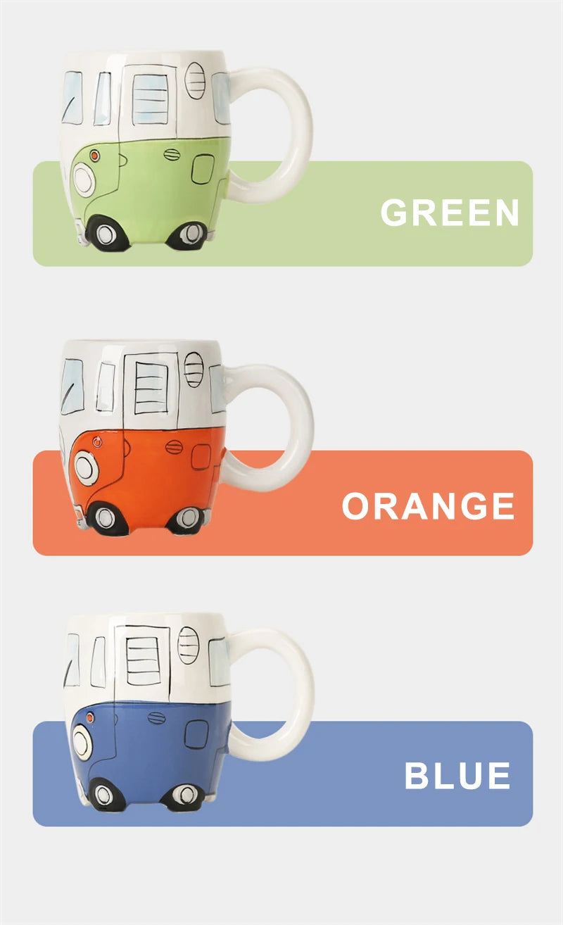 Creative Hand Painting Double Bus Mug Cartoon Ceramic Milk Tea Water Coffee Mugs Home Office School Drinkware Cup Novetly Gifts
