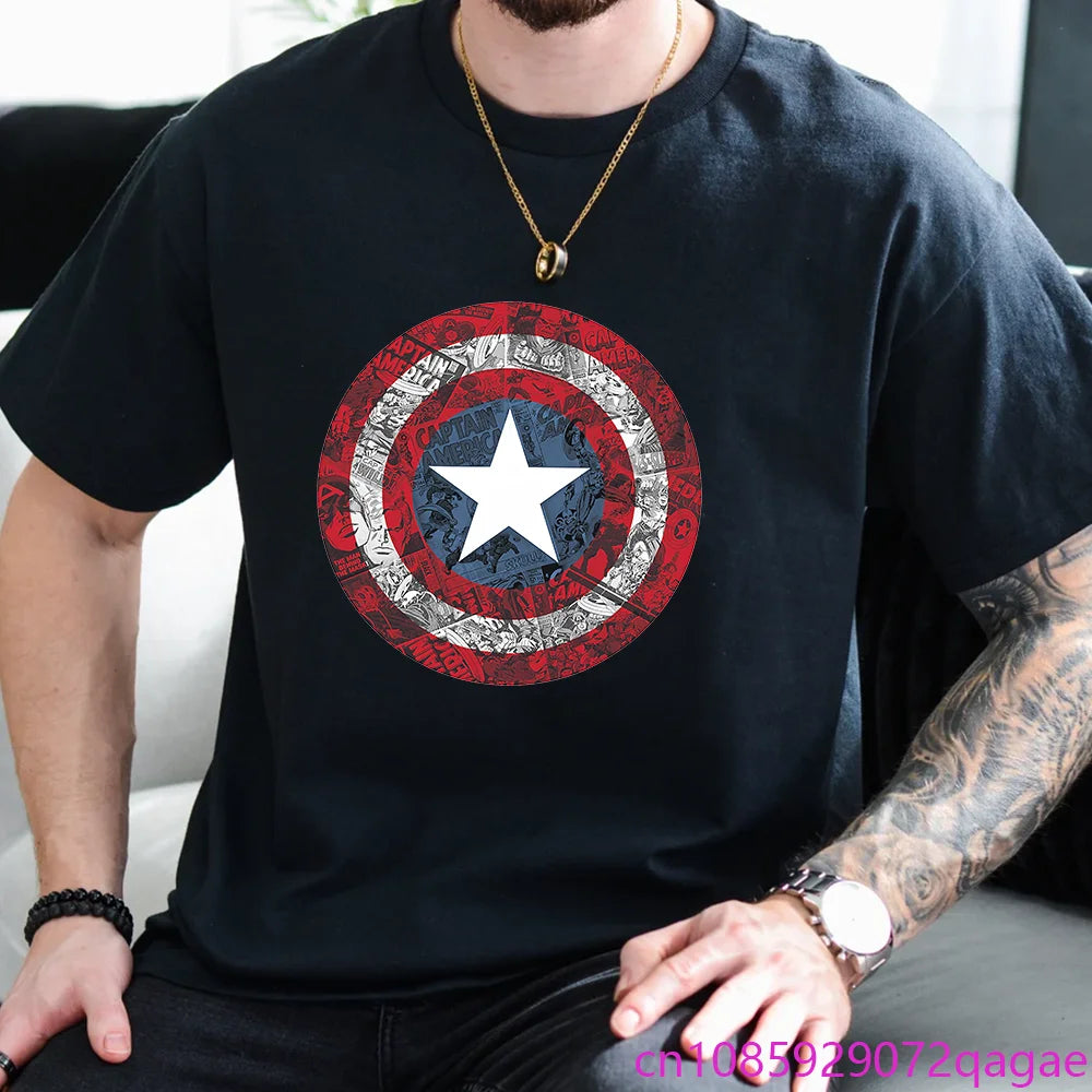 Mens New Marvel Captain America Avengers Shield Printed T-Shirt Outdoor Street Vintage Shield Y2K Shirt T-Shirt