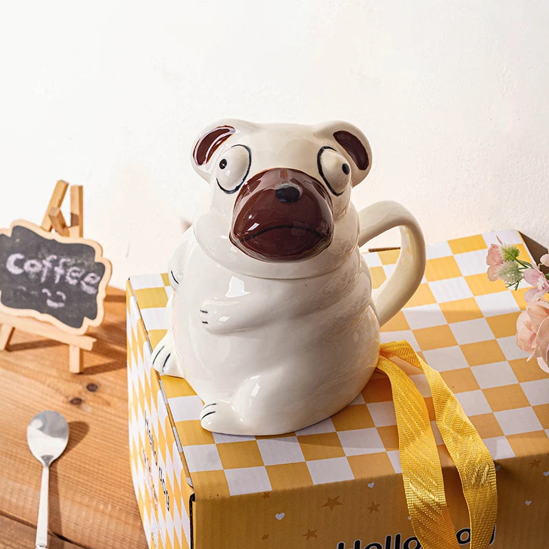 Creative Cartoon Pug Mug Ceramic Large Capacity Cute Water Cup with Lid Spoon Kitchen Drinkware Birthday Gift for Boyfriend