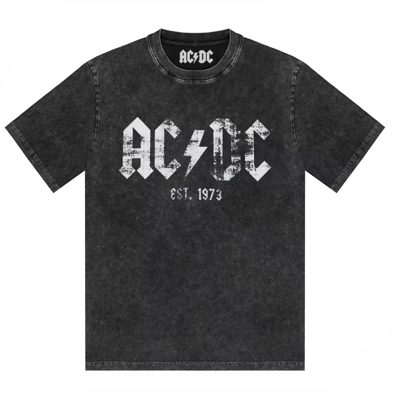 ACDC Band Printed T-shirt Washed Retro Old Short Sleeve Trendy Couple Comfortable Loose Casual Fashion New Men's Clothing