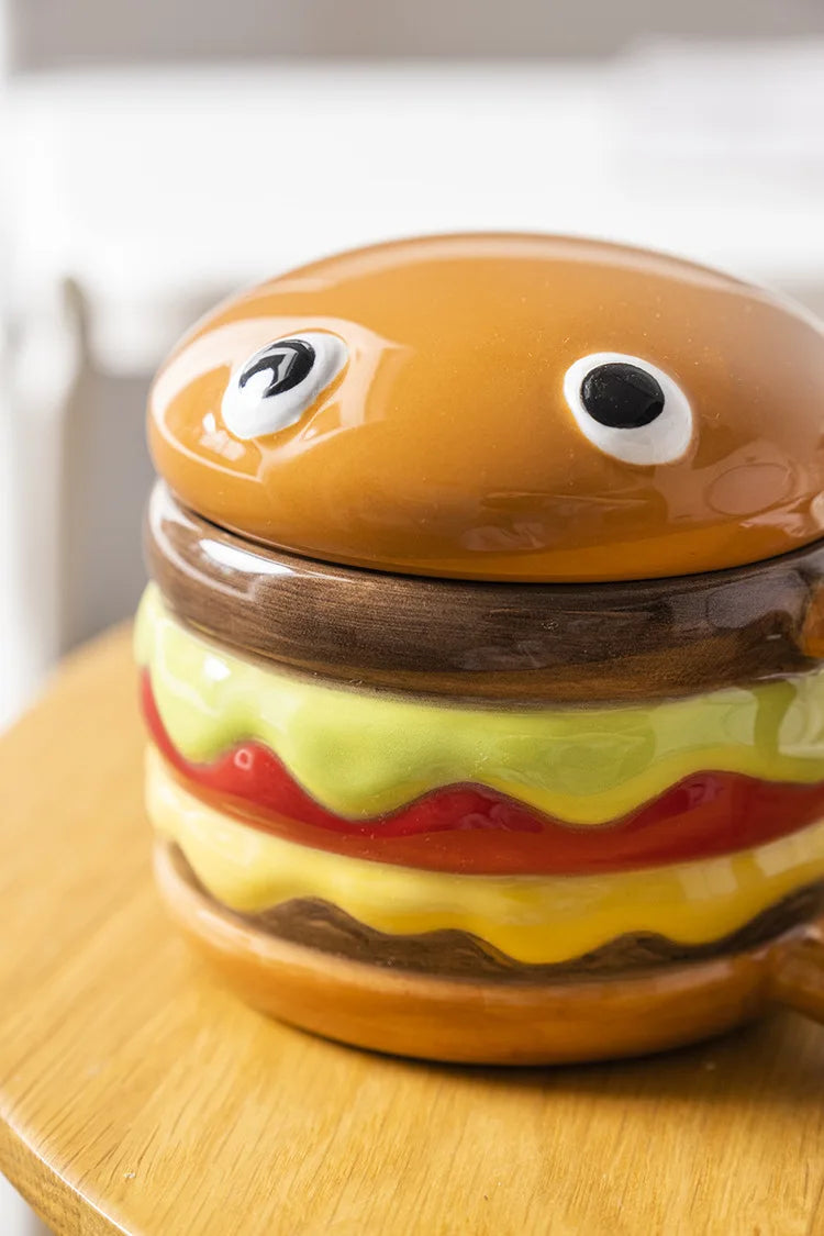 300ML Coffee Mugs Creative Hamburger Shaped Water Cup with Lid Cute and Cute Breakfast Cup Large Capacity Ceramic Hamburger Mug