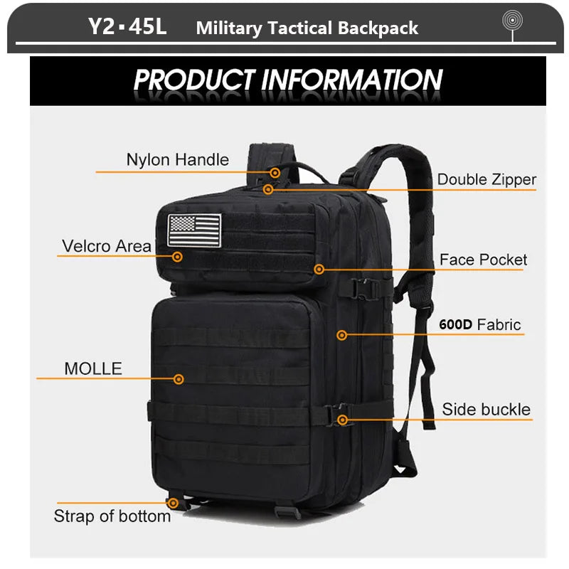 Tactical Backpack 3 Day Assault Pack Molle Bag 38/45L Large Outdoor Waterproof Hiking Camping Travel 600D Rucksack Men Fishing