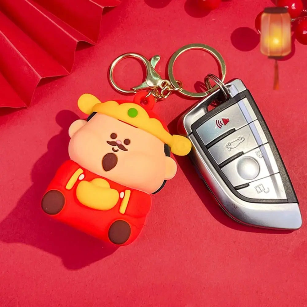Creative Pinched Toys God of Wealth Keychain Lucky Blessing New Year Key Ring Traditional PVC Cartoon Pendant Kids
