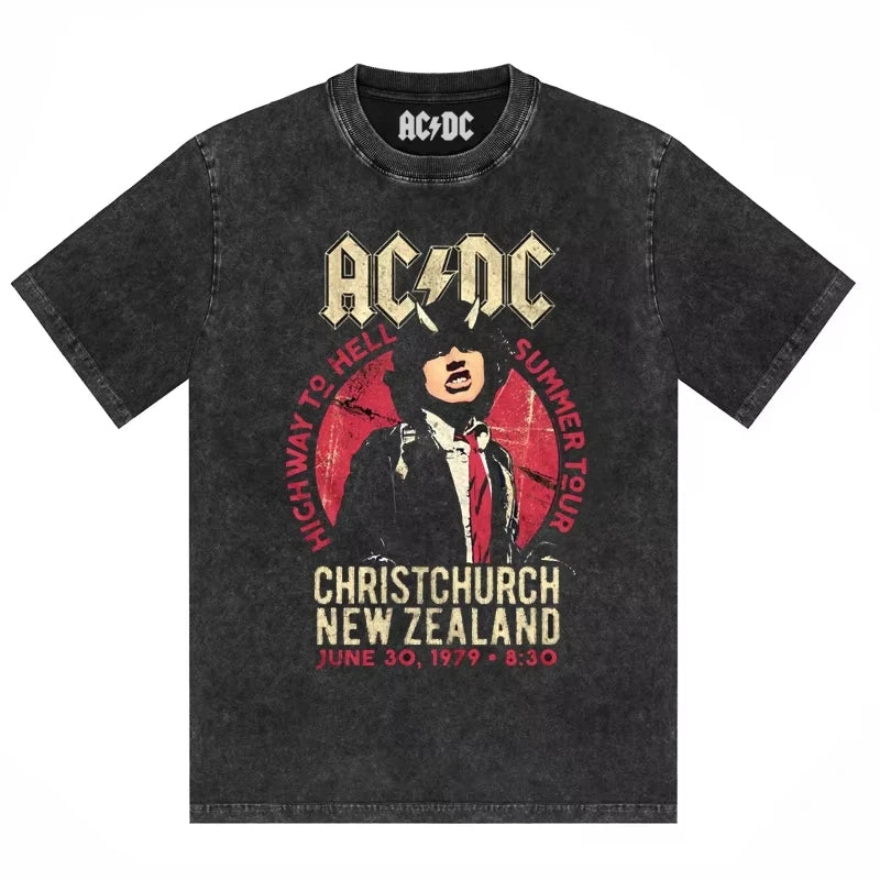 ACDC Band Printed T-shirt Washed Retro Old Short Sleeve Trendy Couple Comfortable Loose Casual Fashion New Men's Clothing