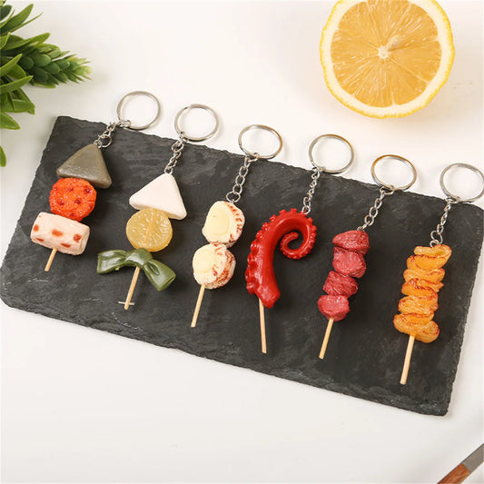 Creative PVC Simulation BBQ Skewers Food Keychain Resin Oden Squid Corn Meatball Keyring Restaurant Opening Gift Fashion Pendant