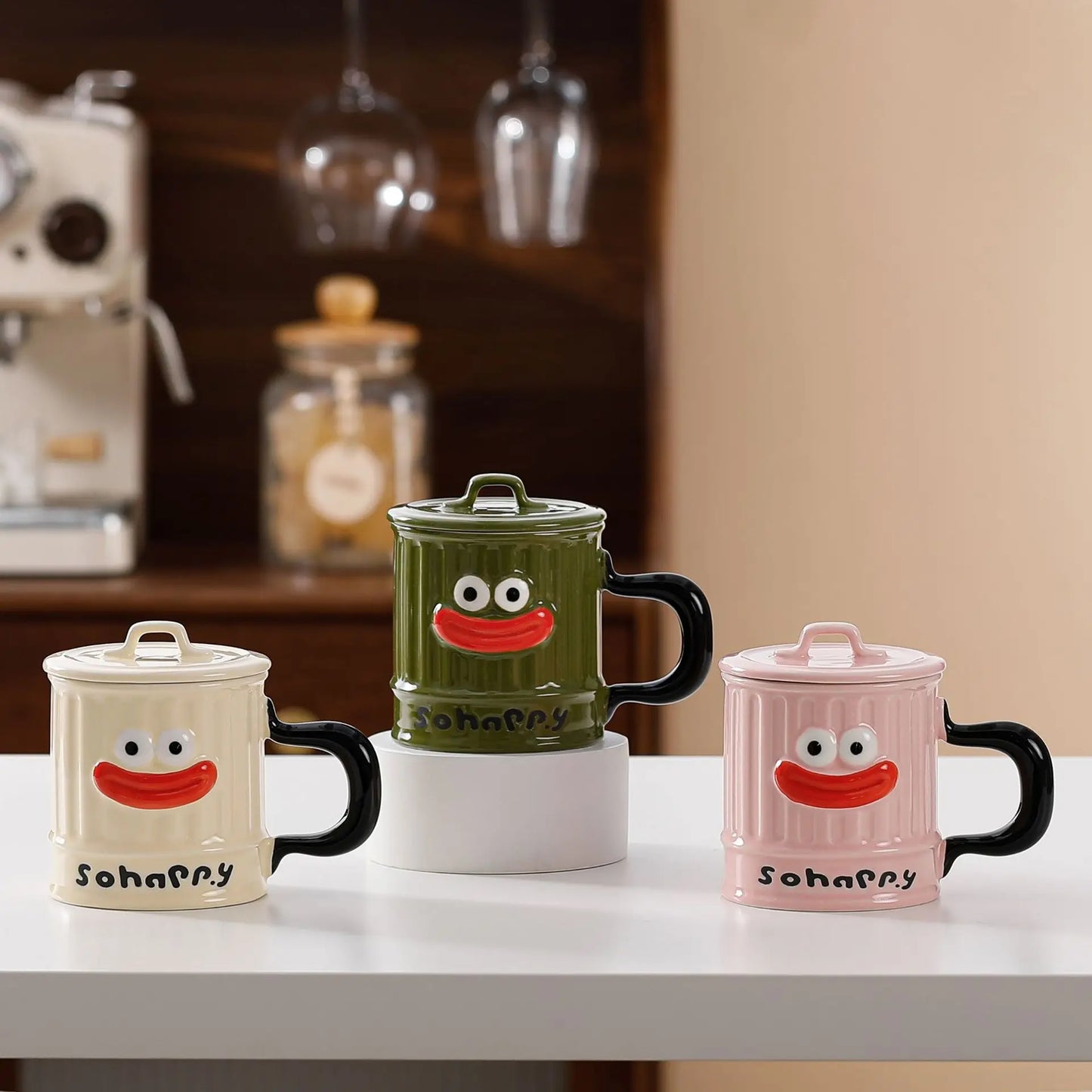 Creative Design, Cute, Funny, Ugly, Cute, Big Mouth Ceramic Mug with Lid, Home Office Drinking Cup, Milk Coffee Cup Ceramic Mug