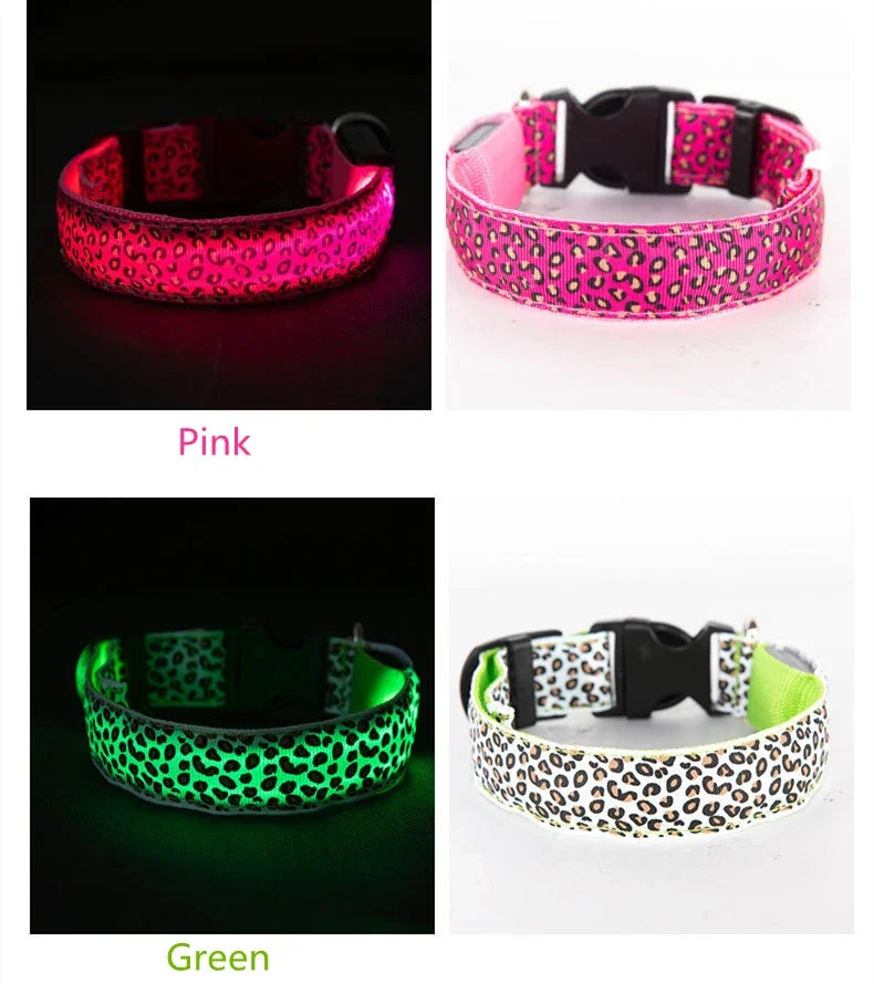 Pet LED Luminous Collar for Dog Adjustable Leopard Glow Cat Collar Night Safety Collar Teddy Golden Retriever for Walking Dogs