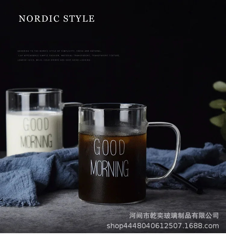 500ml Good Morning Glass Mug Coffee Milk Breakfast Cup Tumbler with Handle Transparent Drinkware Household Gift for Children Set