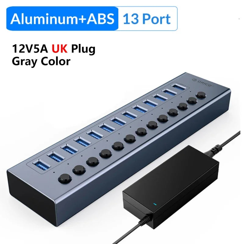 ORICO Powered USB 3.0 HUB 7/10/13/16 Ports Aluminum USB Extension with On/Off Switches Support BC1.2 Charging Splitter For PC