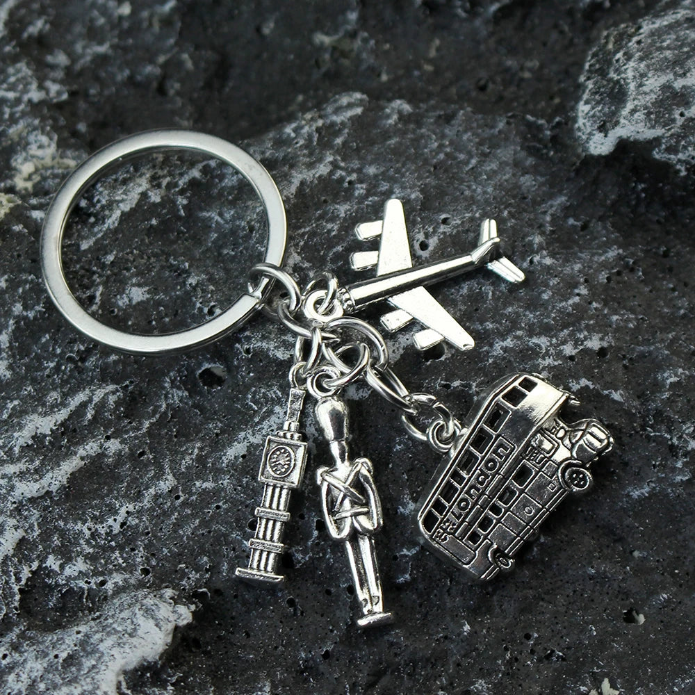 London Keychain Big Ben & Bus Charm Keyring with Camera - Engraved England Travel Souvenir Gift for Backpackers