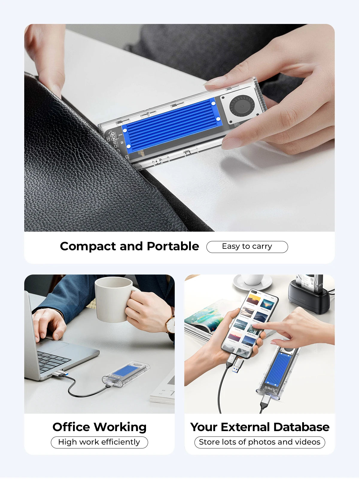 ORICO 20Gbps M.2 NVME SSD Case Enclosure with Cooling Fan USB 3.2 Gen 2 x 2 PCIE NVME Adapter Tool Free 4TB for PCIe M Key