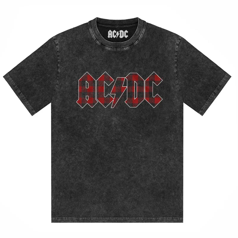 ACDC Band Printed T-Shirt Washed Retro Old Short Sleeve Trendy Couple Comfortable Loose Casual Fashion New Men'S Clothing