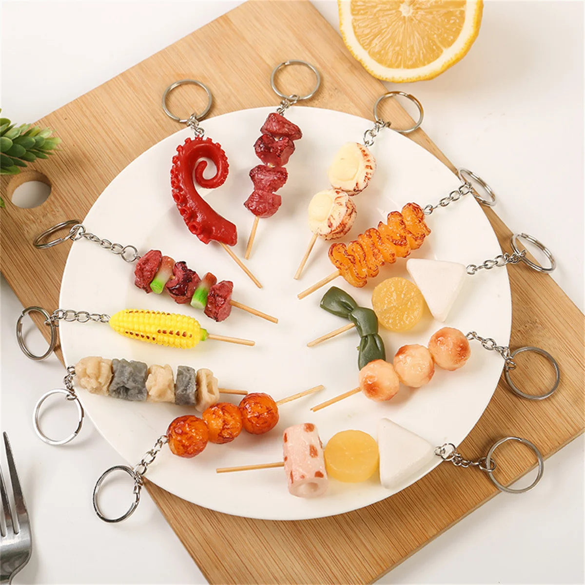 Creative PVC Simulation BBQ Skewers Food Keychain Resin Oden Squid Corn Meatball Keyring Restaurant Opening Gift Fashion Pendant