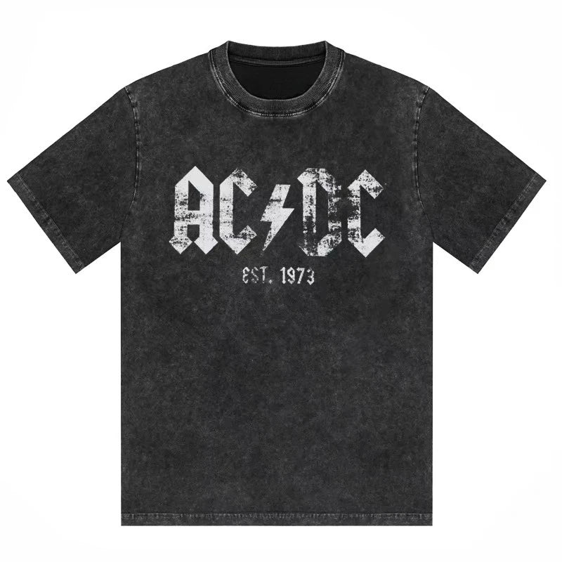 ACDC Band Printed T-shirt Washed Retro Old Short Sleeve Trendy Couple Comfortable Loose Casual Fashion New Men's Clothing 2025