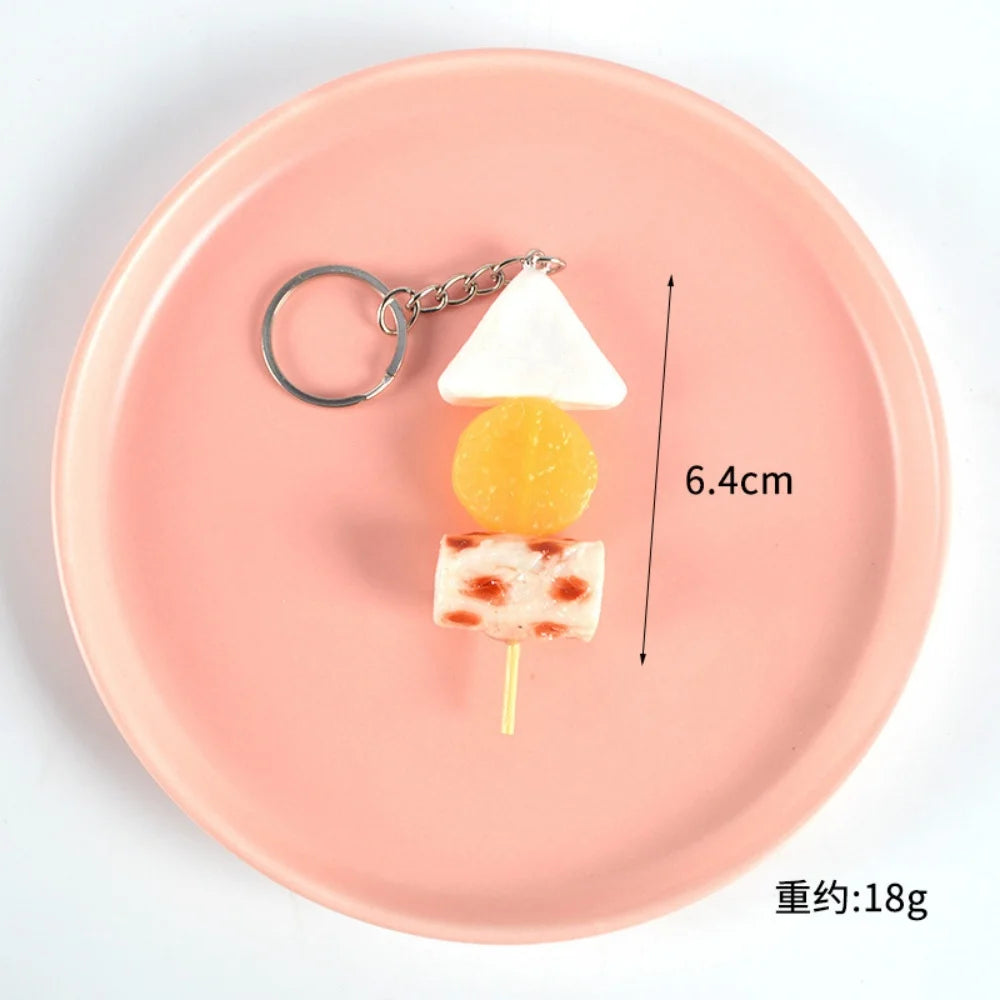 Creative PVC Simulation BBQ Skewers Food Keychain Resin Oden Squid Corn Meatball Keyring Restaurant Opening Gift Fashion Pendant