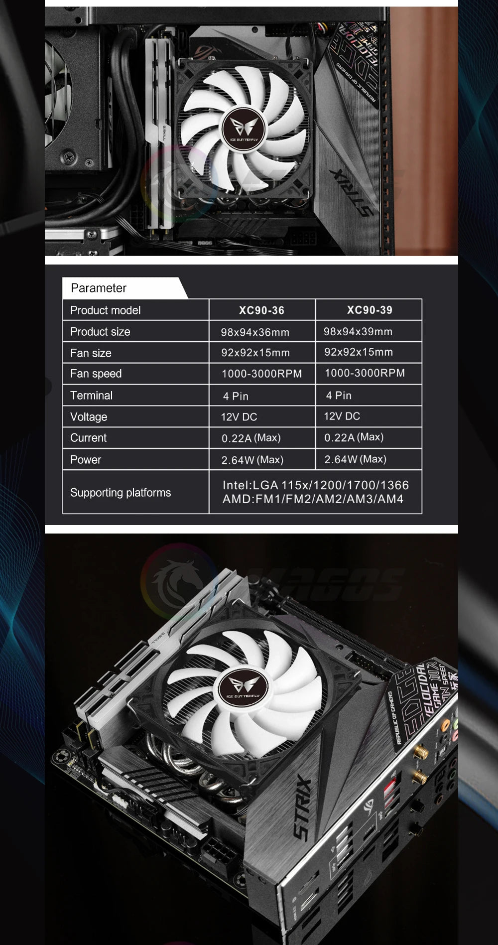 CPU Cooler for Mini ITX Case Ultra-thin Z39 4 HeatPipe CPU Radiator Support AMD/Intel Desktop Cabinet PC Air Cooing Fan 4Pin PWM