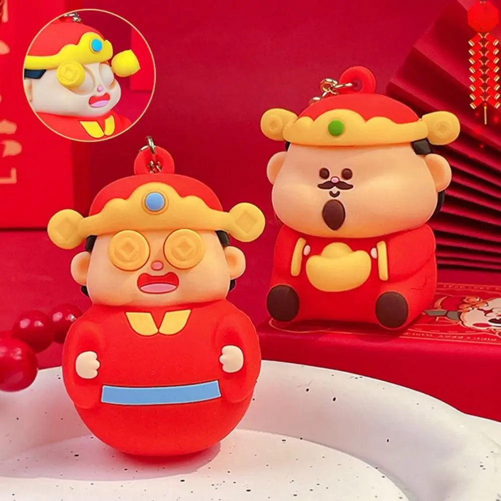 Creative Pinched Toys God of Wealth Keychain Lucky Blessing New Year Key Ring Traditional PVC Cartoon Pendant Kids