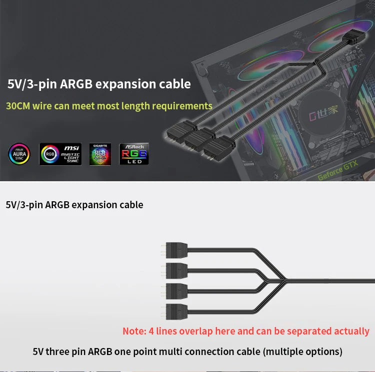 TEUCER RGB Fan Splitter Cable Sync Motherboard Cable RGB Fan Hub Adapter Cable 3PIN PC Fan Extension Cable 1 to 1/2/3/4 Line