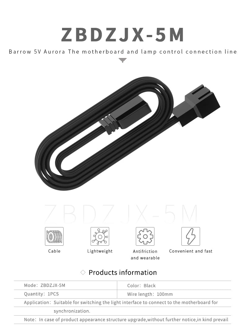 Barrow ARGB 5V 3PIN Motherboard Lamp Conversion Cable Pc Led Strip Extension Cable Connector LRC2.0 Addressable RGB ZBDZJX-5M