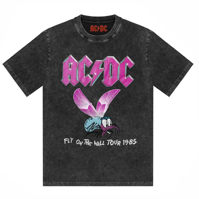 ACDC Band Printed T-Shirt Washed Retro Old Short Sleeve Trendy Couple Comfortable Loose Casual Fashion New Men'S Clothing