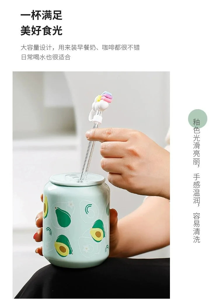 Fresh Creative Fruit Straw Cup Coke Soda Bottle Ceramic Mug with Lid Couple Souvenir Home Drinking Utensil Kitchen Appliance