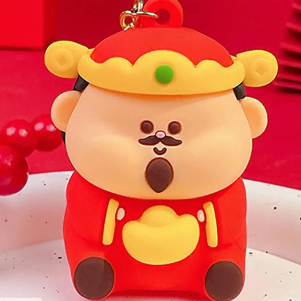 Creative Pinched Toys God of Wealth Keychain Lucky Blessing New Year Key Ring Traditional PVC Cartoon Pendant Kids