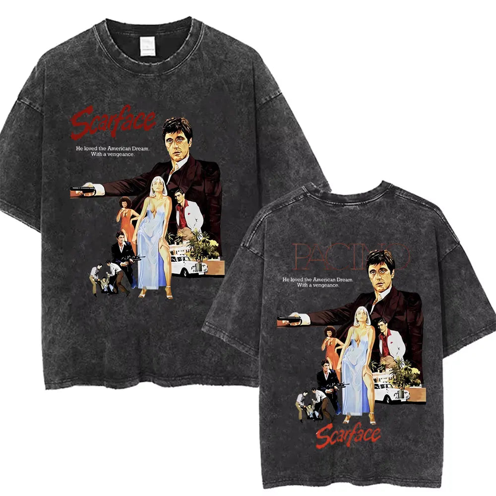 90s Classic Gangsters Movie Scarface Print T-shirts Tony Montana Al Pacino Vintage Washed Cotton Tshirt Men Women Rock T Shirts