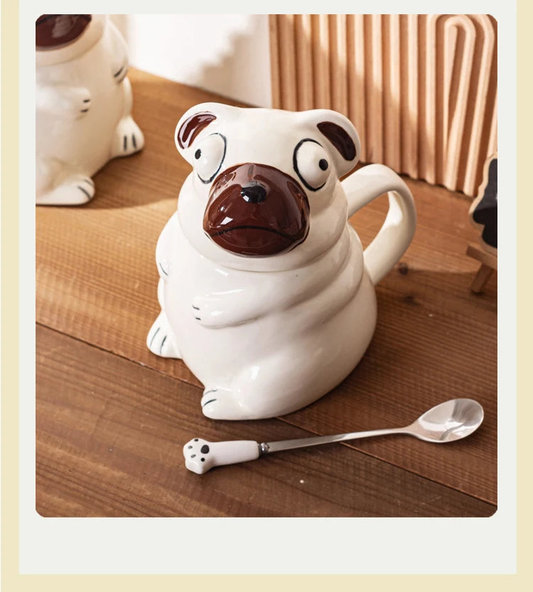 Creative Cartoon Pug Mug Ceramic Large Capacity Cute Water Cup with Lid Spoon Kitchen Drinkware Birthday Gift for Boyfriend
