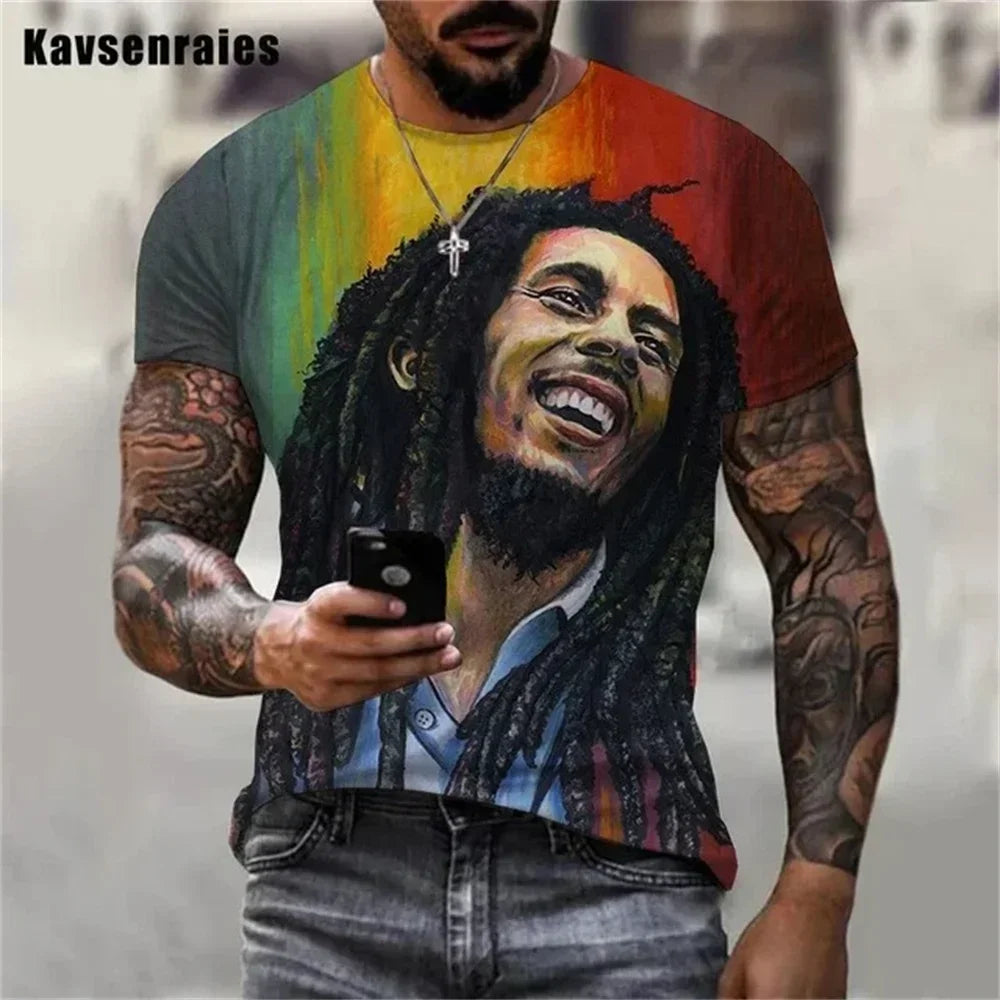 2025 Summer Men's T-shirts Rock Bob Marley 3d Print O-neck Short Sleeve Street Hip-hop Shirt Oversized Tops & Tees Men Clothing