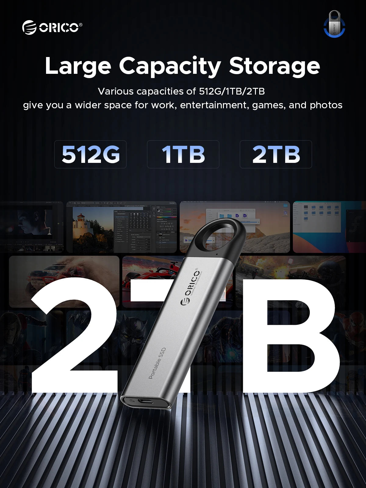 ORICO 1TB External SSD Up to 1050MB/s 550MB/s, Hanging Hole Design Portable Solid State Drive, USB C&A 2 in 1 Cable