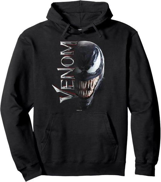 Marvel Venom Black Hoodie with Silver Text Print and Red Outline Design Men's Graphic Cotton Pullover Hooded Sweatshirt