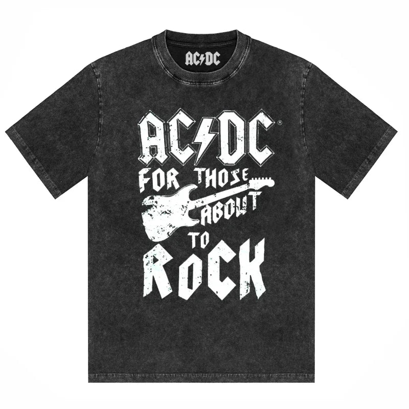 ACDC Band Printed T-Shirt Washed Retro Old Short Sleeve Trendy Couple Comfortable Loose Casual Fashion New Men'S Clothing