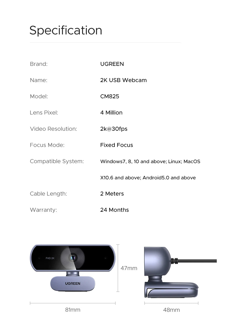 UGREEN 2K Webcam with Microphone, Full HD USB Web Camera, Adjustable FOV, Auto Light Correction, Video Webcam for Streaming