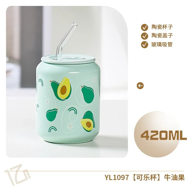Fresh Creative Fruit Straw Cup Coke Soda Bottle Ceramic Mug with Lid Couple Souvenir Home Drinking Utensil Kitchen Appliance