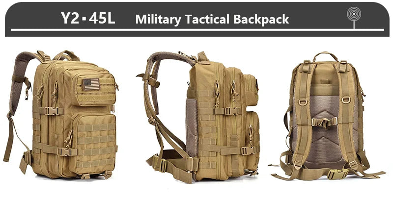Tactical Backpack 3 Day Assault Pack Molle Bag 38/45L Large Outdoor Waterproof Hiking Camping Travel 600D Rucksack Men Fishing